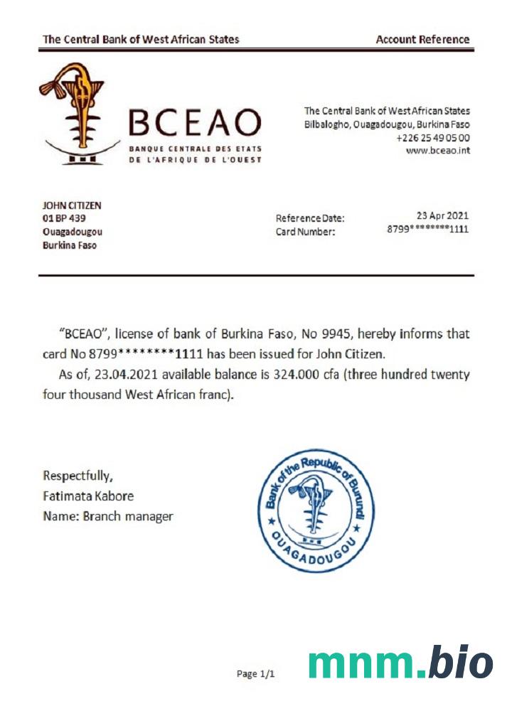 Burkina Faso Bank Centralny państw Afryki Zachodniej przykład odniesienia w formatach Word i PDF
